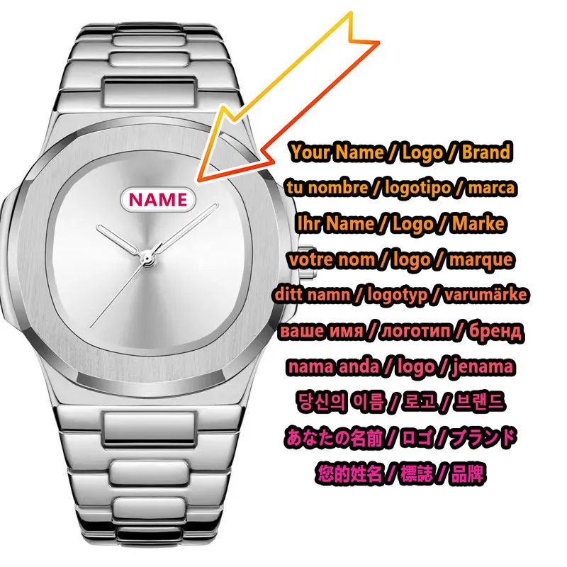 Custom Logo Men's Quartz Watch Minimalist Stainless Steel Silver Luxury Brand Wristwatch Personalized Business Casual Timepiece