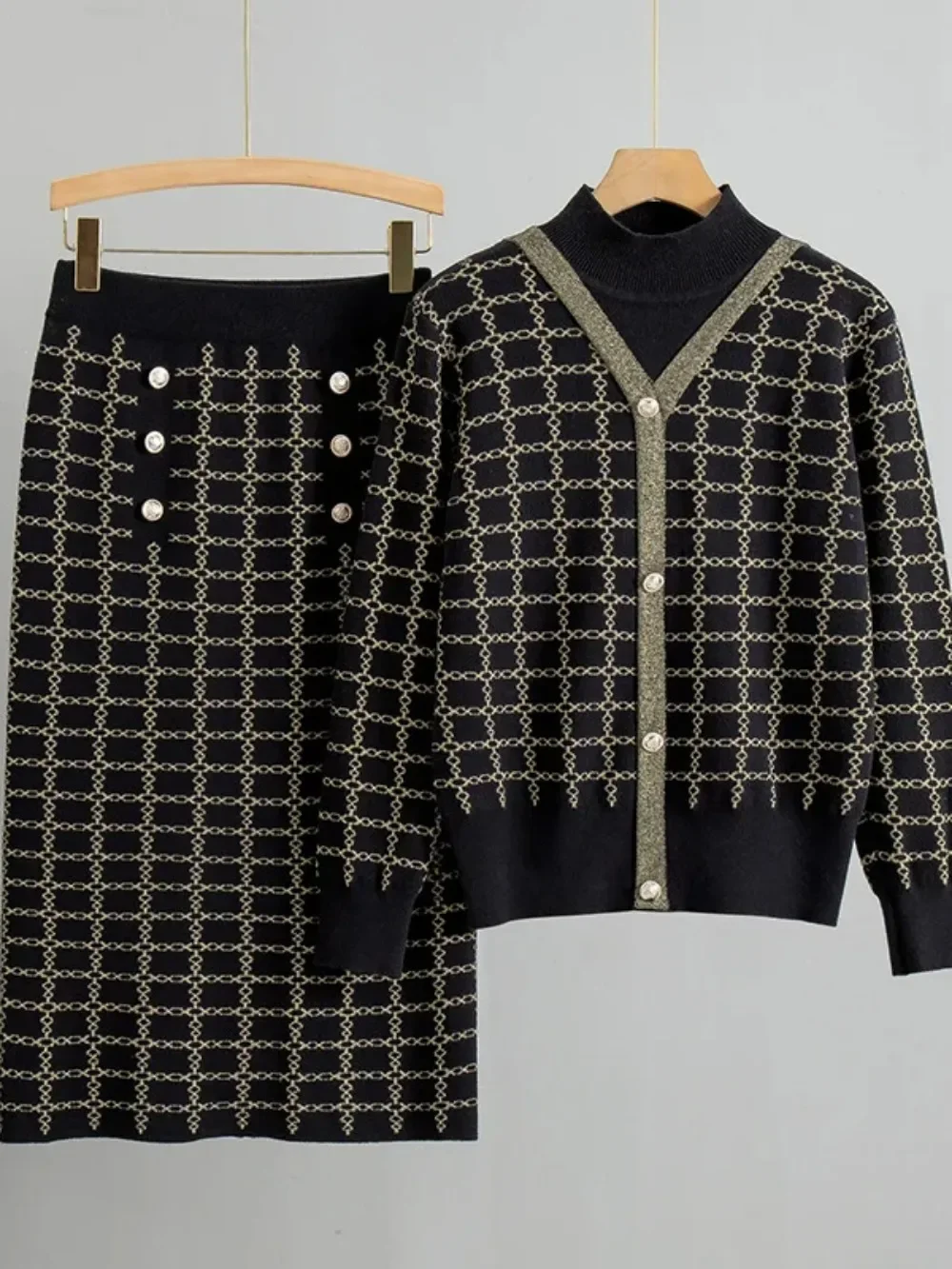 

Women Knitted Sweater Muslim Two Piece Set Cardigan Single Breasted Coat Long Skirt Suit Knitting Skirts Outfits Arabic Ensemble