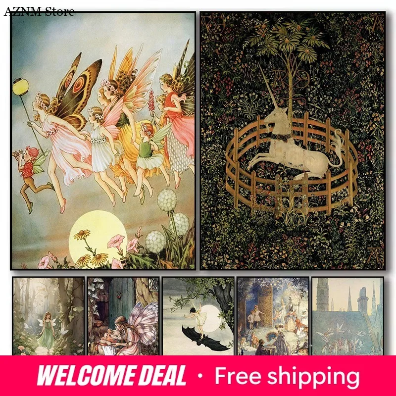 Cartoon Forest Fairies Medieval Unicorn Landscape Nursery Poster Canvas Painting Wall Art Pictures Home Kids Room Decor Gift