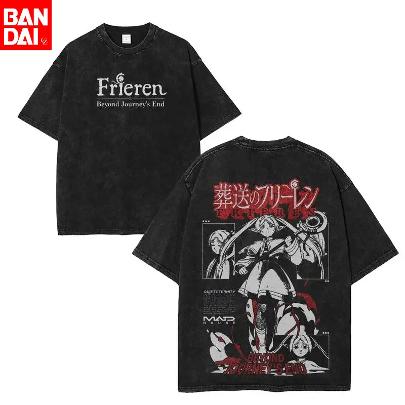 Frieren Beyond Journey's End Anime T-Shirt Herren Vintage Washed Black Graphic Tee Damen Übergroße Streetwear Kurzarm-Tops