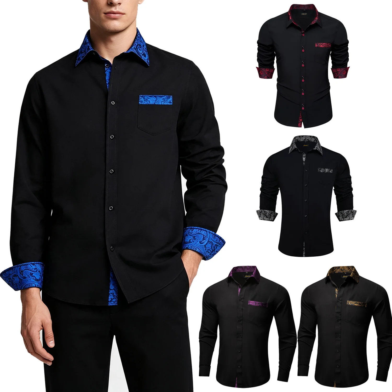 Men Fashion Contrast Trim Dress Shirt, Paisley Printed Inner Collar & Cuffs, Chest Pocket Design For Party Daily Wear