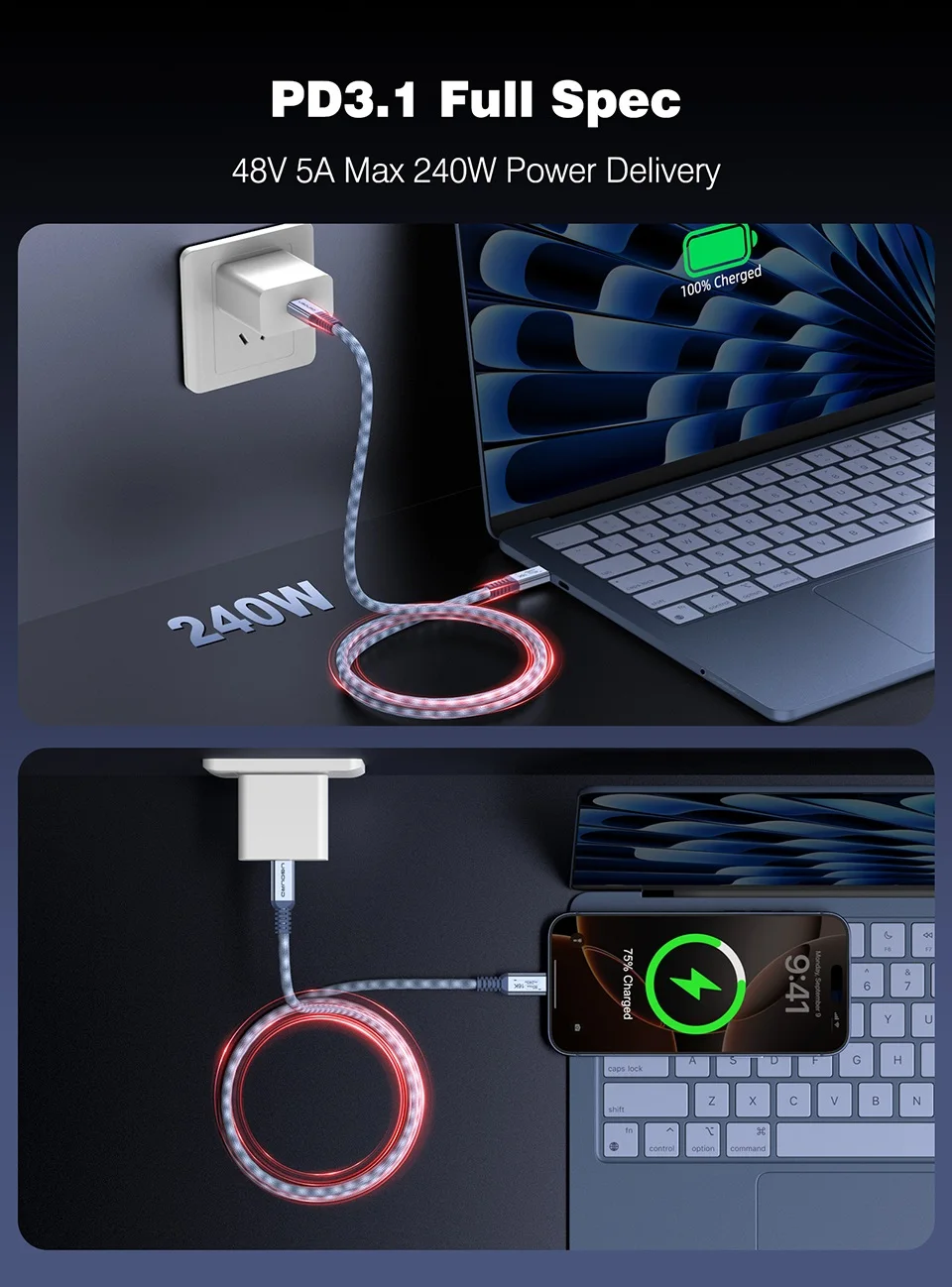 UGOURD Thunderbolt 5 USB4 Gen4 Kabel 90-Grad-Winkelstecker 80Gbps 16K Geflochtenes USB-C-zu-C 240W Schnellladekabel für EGPU – Detail 5