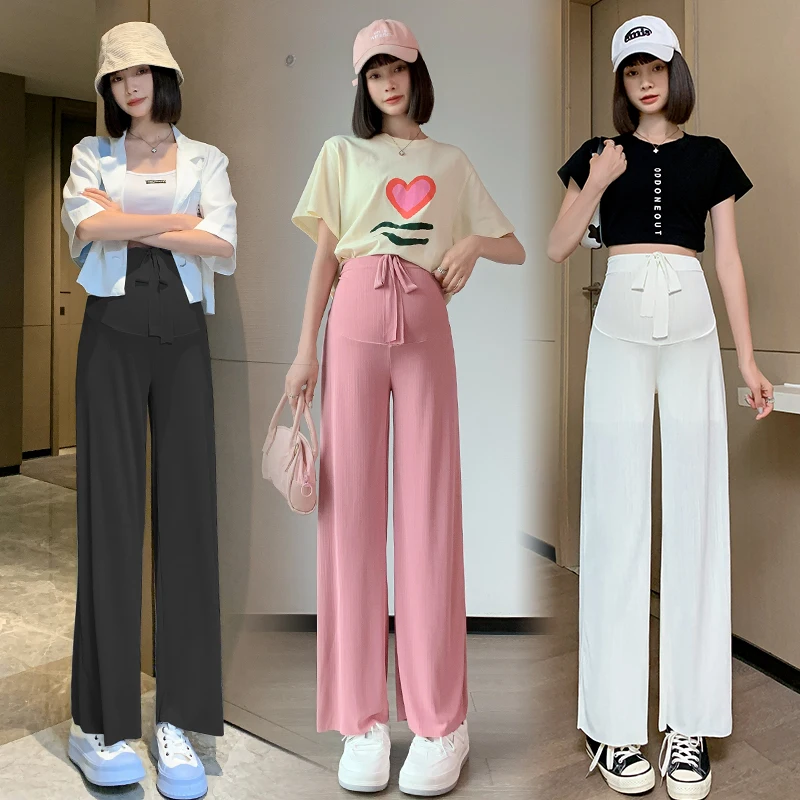 Maternity High Waist Abdomen Pants Wide Leg Loose Prenancy Full Length Belly Pants Summer Thin Cool Trouser For Pregnant Women