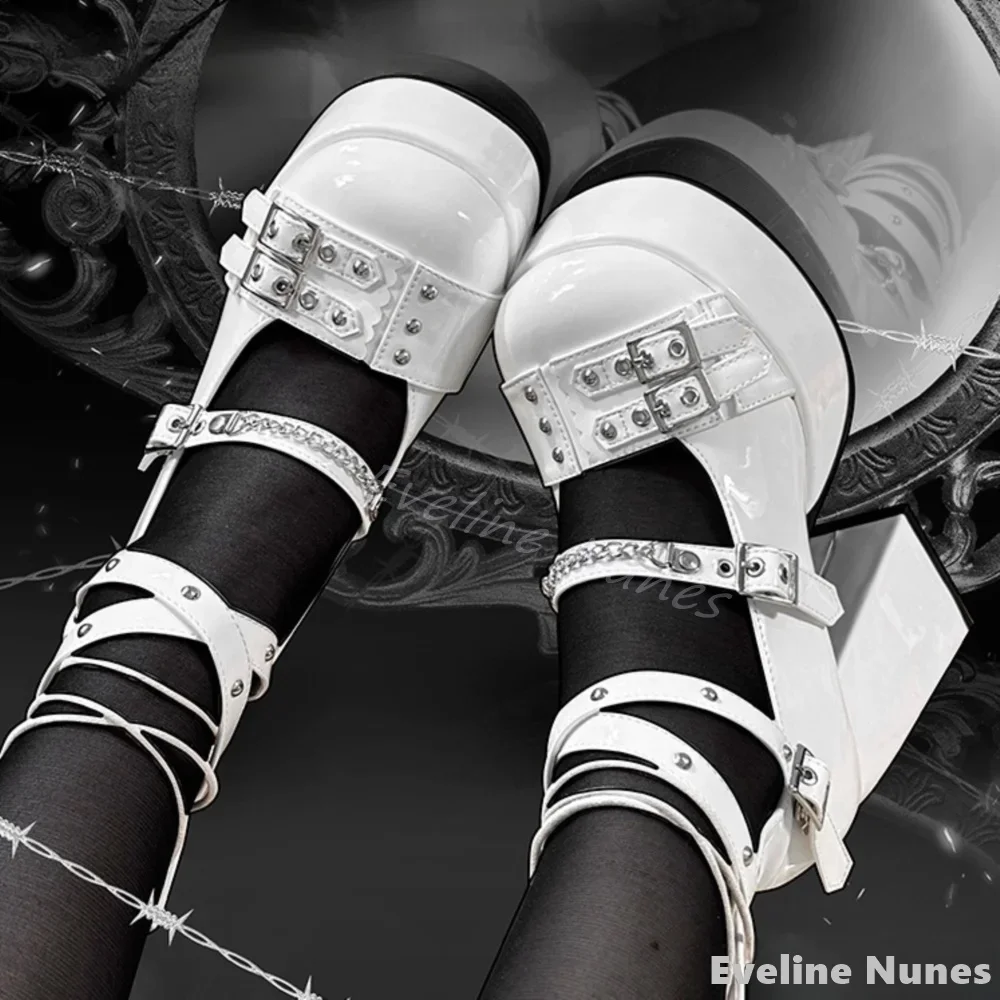 Rivet Chain Belt Buckle Lolita Pumps Women Pink Round Toe Platform Chunky Heel Punk Goth Mary Janes High Heel Cool Girls Sandals