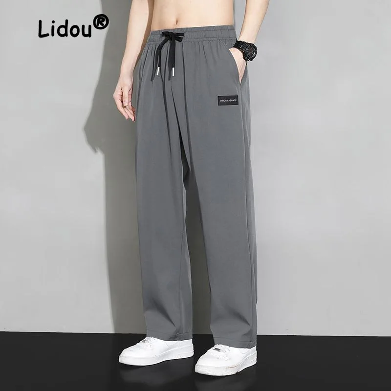 Summer Fashion Patch Ultrathin Casual Sweat Pants Classic Waist Drawstring Pocket Straight Cylinder Street Casual Male Trousers