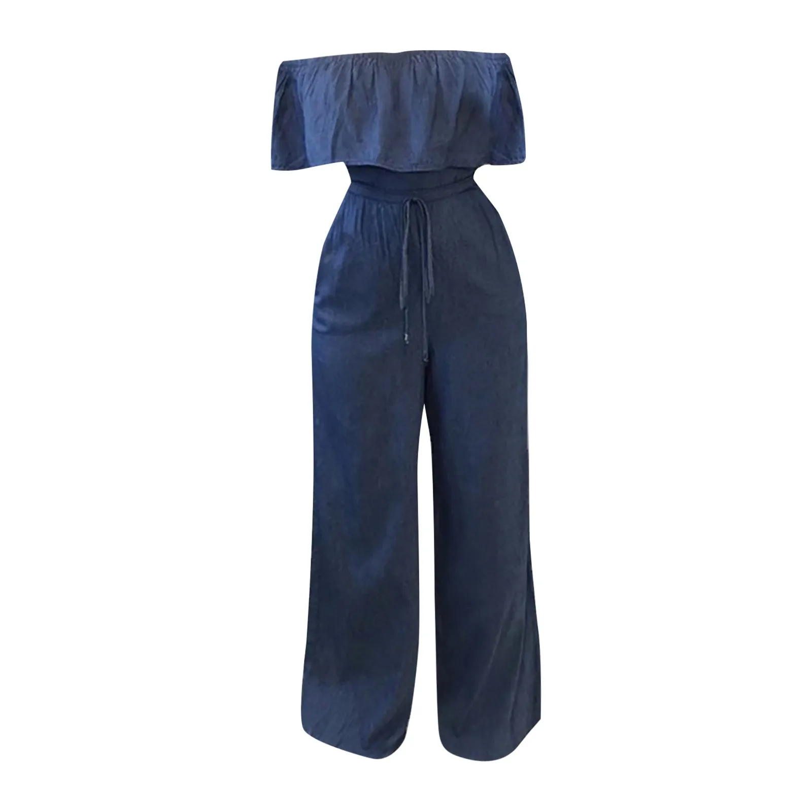 Mulheres Ruffles Fora Do Ombro Macacão Longo Macacão Bodysuit Calças Gerais Calças Perna Larga Plus Size Moda Denim Jumpsuits