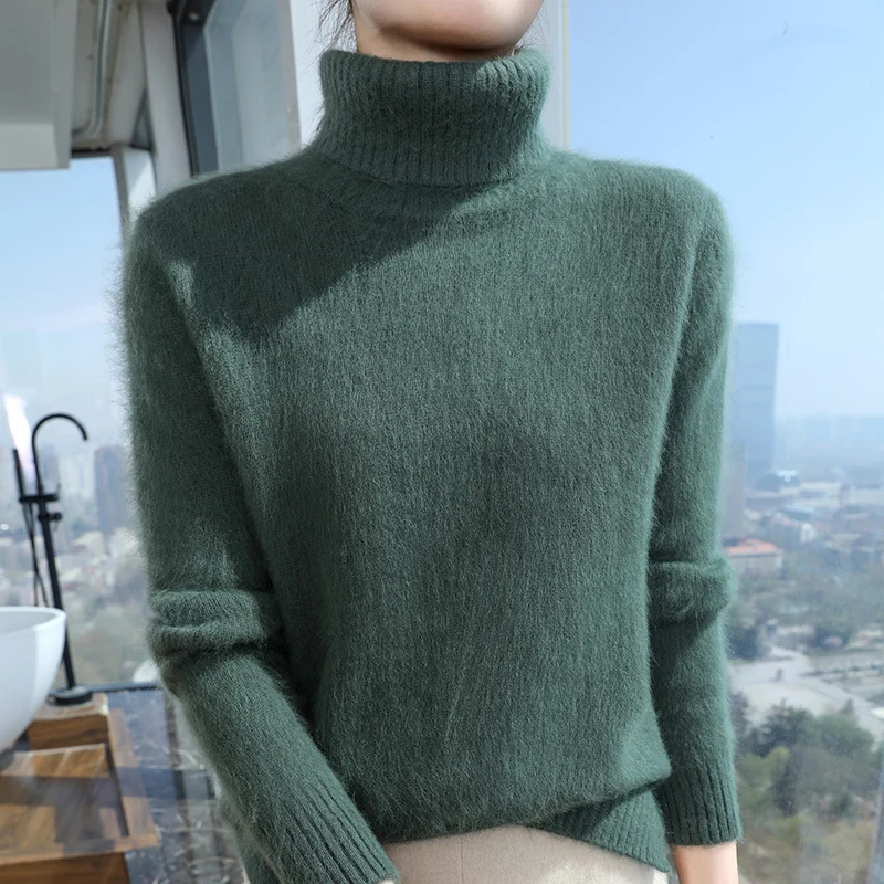 100% Mink Cashmere Sweater Women's hHigh Neck Knitted Pullover Casual Thick Solid Color Top Autumn Winter Warm Fashion Korean