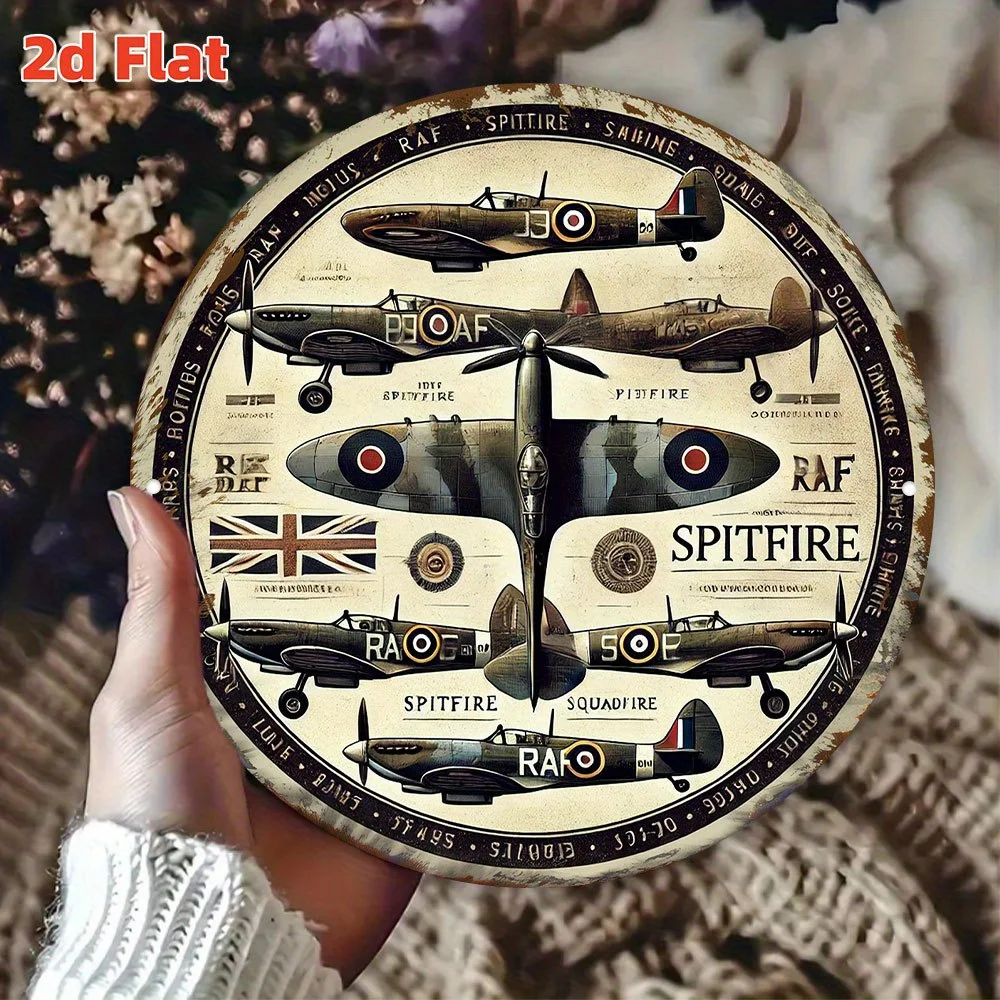 لوحة فنية جدارية مسطحة ثنائية الأبعاد لطائرات الحرب العالمية الثانية RAF - لافتة معدنية مستديرة من الألومنيوم مقاس 20 سم مع إطلاق النار والإعصار والبعوض - متينة #5