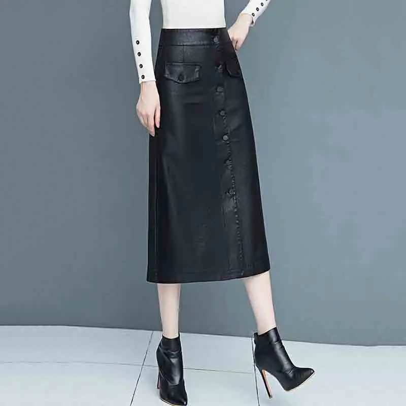 Western Style Long Autumn And Winter Leather Women's New Slim Temperament High Waist A-line Women's Fashion