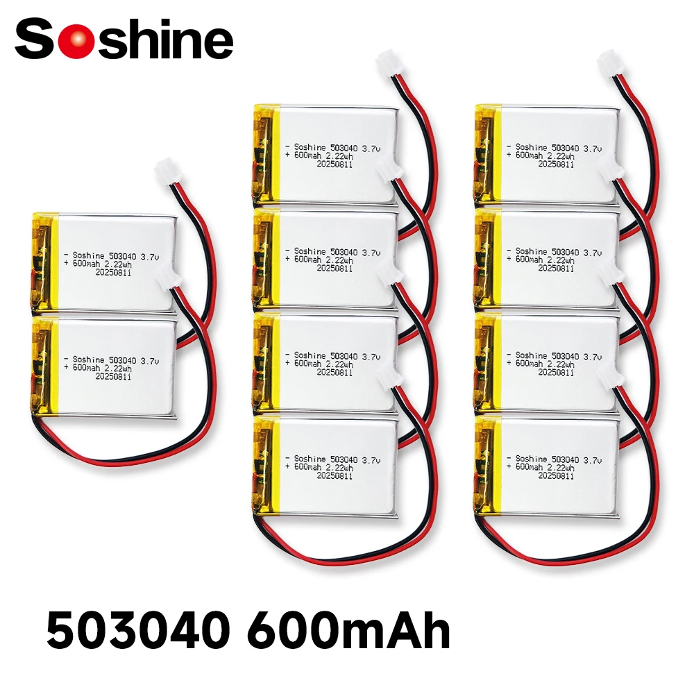 Soshine 3.7V 503040 600mAh Polymer Lithium Rechargeable Battery PH 2.0mm Plug for Speaker Radio VCR LED Light GPS Navigator