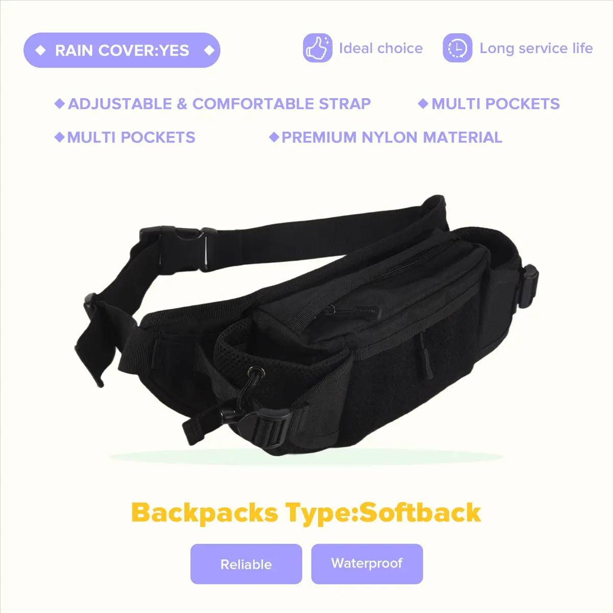 ABQR Черная поясная сумка Водонепроницаемая сумка для телефона Сумка для бутылки с водой Унисекс Нагрудная сумка для кемпинга Туризм Охота