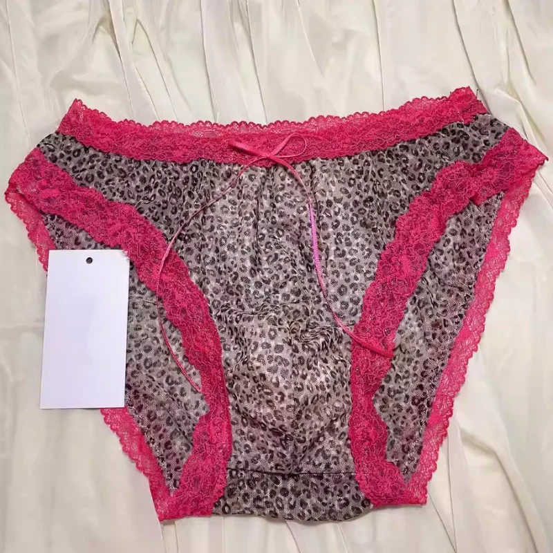Men's Sexy Mesh Leopard Print Convex Pouch Panties Lace Bow Breathable Quick Dry Briefs Plus Size Sissy Mid Waist Underwear