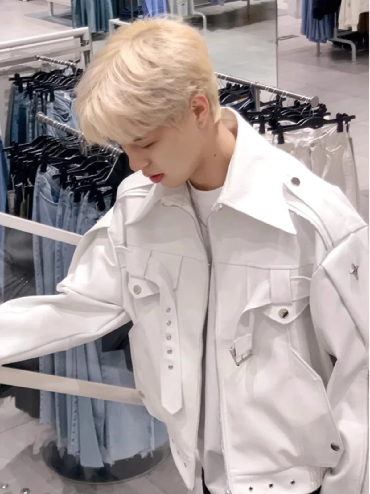 

American High Street White Leather Jaet Men's Spring Autumn Sle Deconstructed High-End Zipper ort Motorcycle Jaet