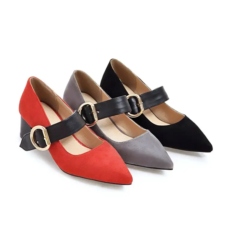 SIMLOVEYO Trendy Ladies Footwear Pointed Toe Chunk Heel 6 cm Multitone Fastener Band Work Ladies Footwear Extra Sizes 41 42 43