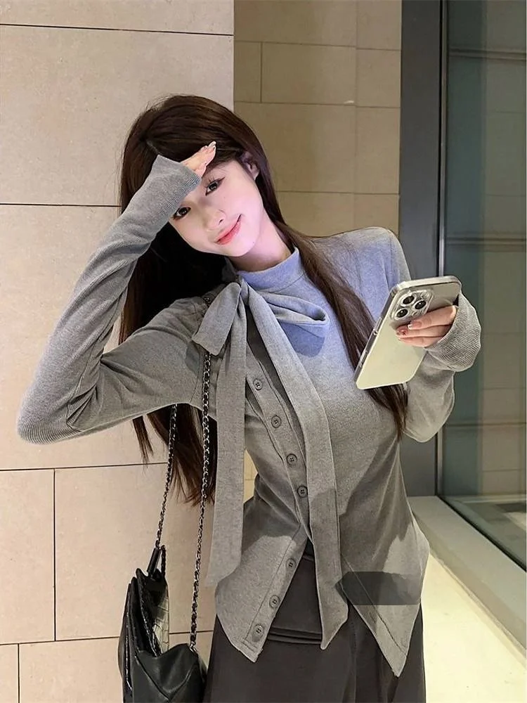 Faionable Long Sve T-irt f High Collar Bow Tie Base irt Versatile Waist Cinching Split Bot Ladies Wear