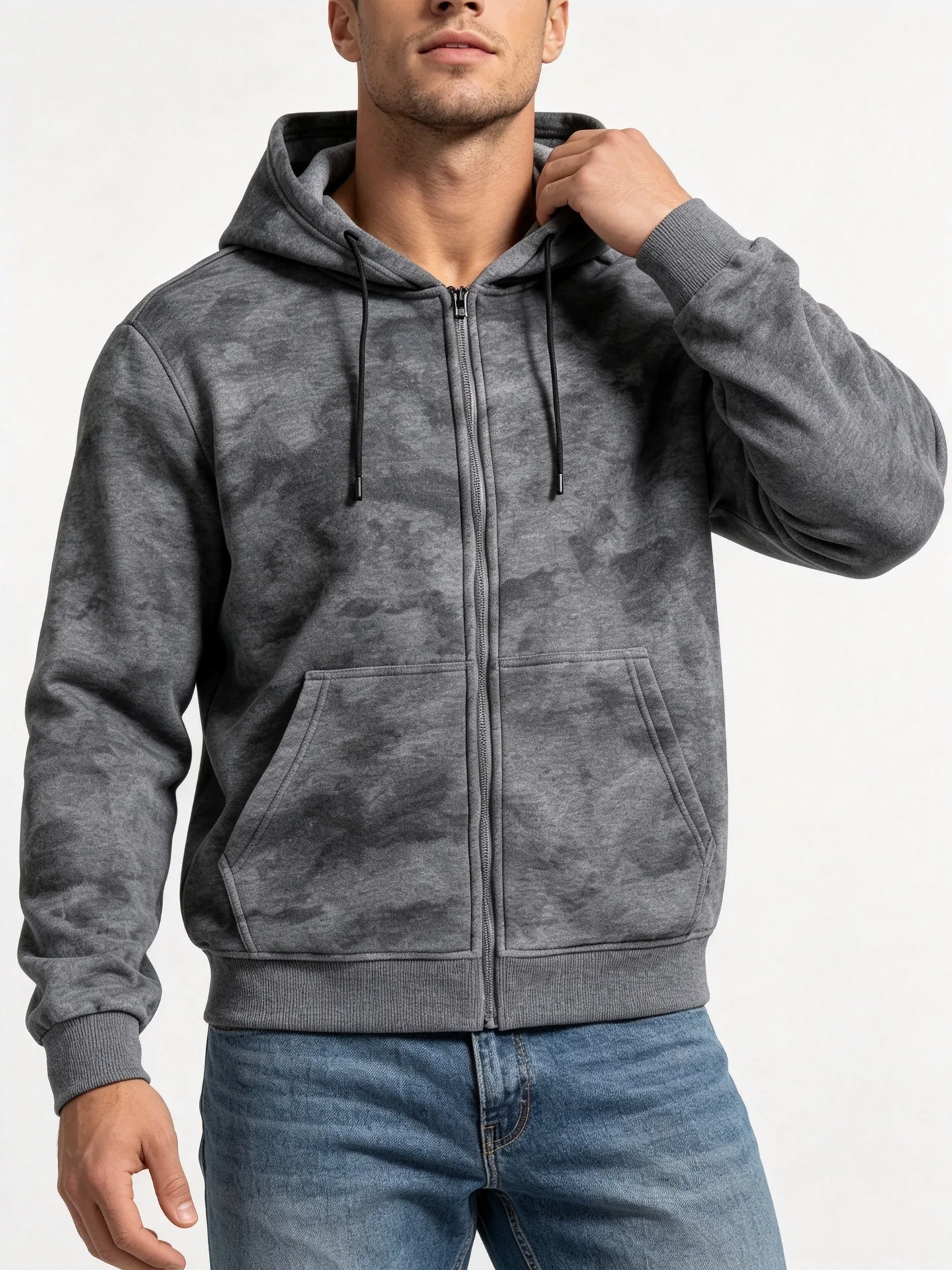 Men Tie Dye Zip Up Hoodie Heavyweight Full Zip Hooded Sweatshirt European High Street Loose Streetwear Autumn Casual Outerwear J