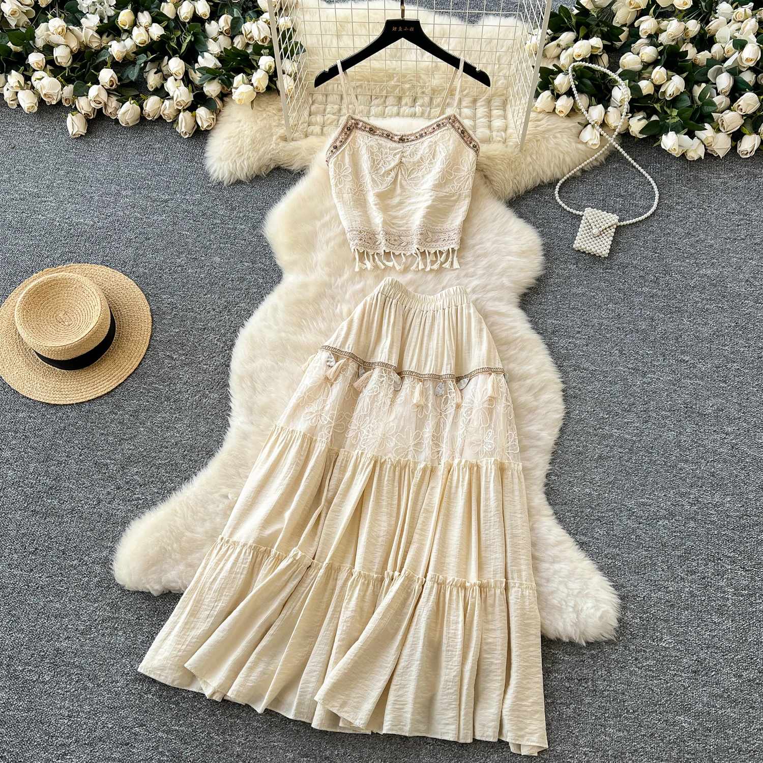 

Women Summer Solid tassel Embroidered Color Fashion Set Bow Strap Top Split Casual Two Piece Set