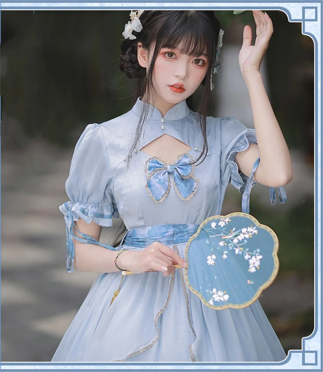 Vestido chinês de estilo doce Lolita Op para meninas, cosplay bonito, elegante fita de pérolas suave, manga puff, laço bowknot, cintura, plissado