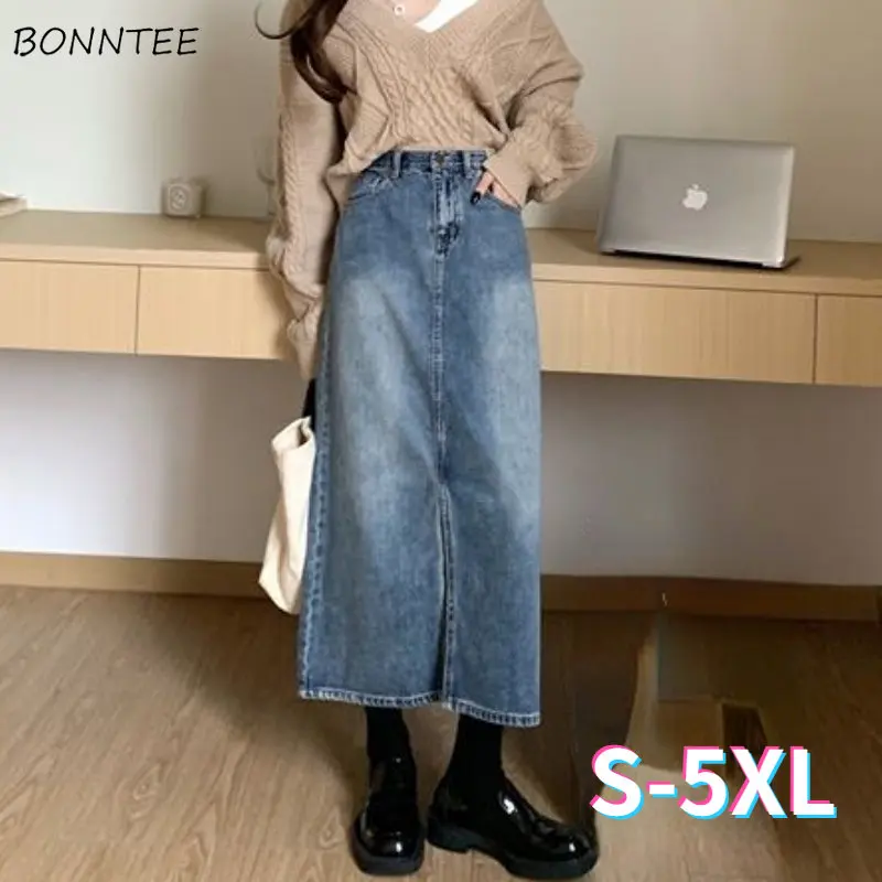 

Denim Midi Skirts Women High Waist Design Chic Vintage S-5XL Leisure American Style Fashion Office Lady All-match Spring Faldas