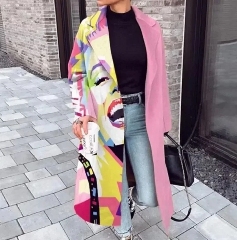 Autumn Street Lady Long Cardigan Coats Fashion Floral Print Pocket Long Sleeve Jacket 2023 Winter Women Elegant Blend Wool Coat