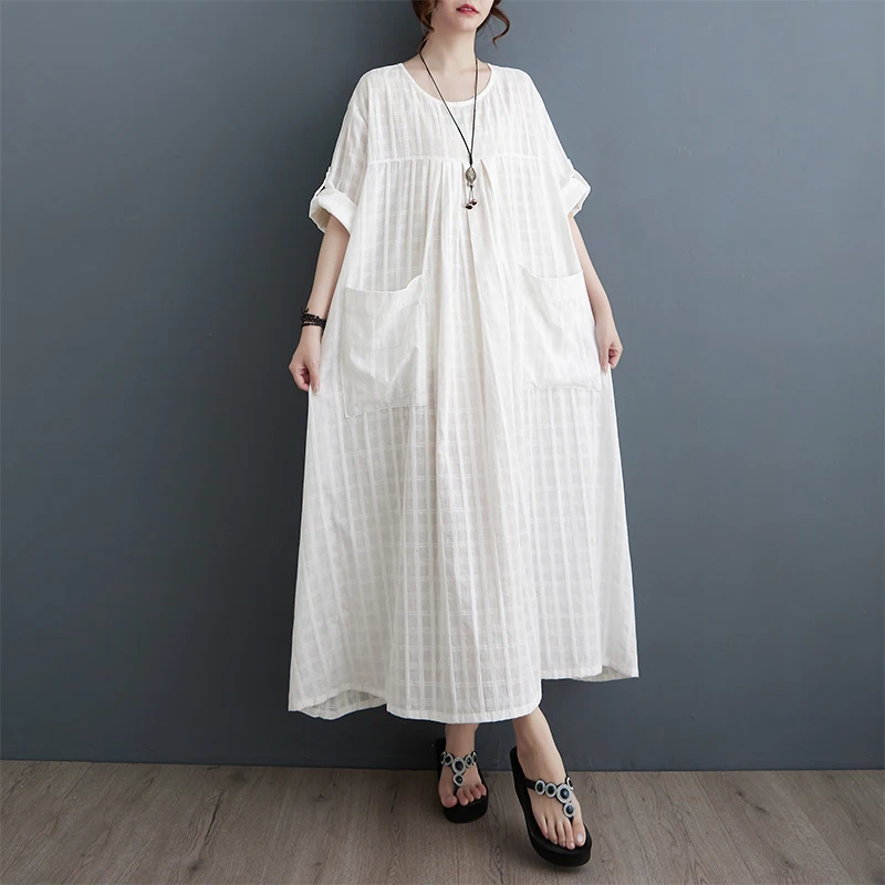 High-end dames zomerlinnen Dr artistiek groot formaat losse jurk met zeven mouwen en k-patroon ontwerp comfortabele a-lijn...