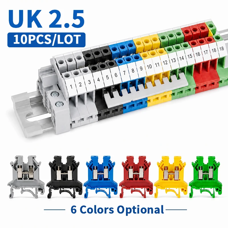 10PCS UK2.5B 2.5mm2 35mm DIN Rail Feed Through Terminal Block Screw Clamp Wire Connector Gray Red Blue Green Black Yellow Set