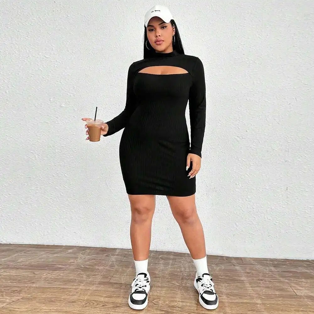 Tamanho grande feminino 2025 outono e inverno novo fino ajuste sexy temperamento manga comprida hip abraçando vestido elegantes casual y2k