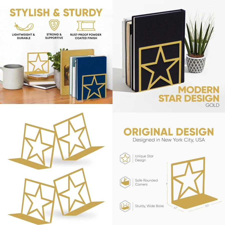 

GEOMOD Star Gold Metal Bookends Decorative - Tall Sturdy Book Ends for Shelves - Modern Heavy Duty Bookend Stopper - Office or
