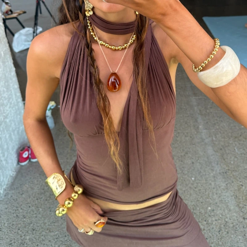 Women Multi-Way Ruched Halter Top Convertible Cross-Neck Sleeveless Crop Top Coquette Y2K Form-Fitting Casual Blouse T-shirt
