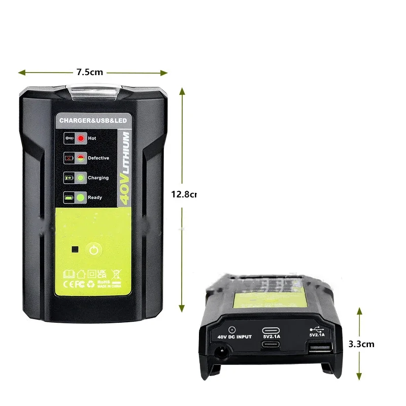 für Ryobi 40V Lithium-Ionen-Akku-Adapter, Ladegerät für Elektrowerkzeuge, Überladeschutz mit USB-Anschluss und 3W-Licht