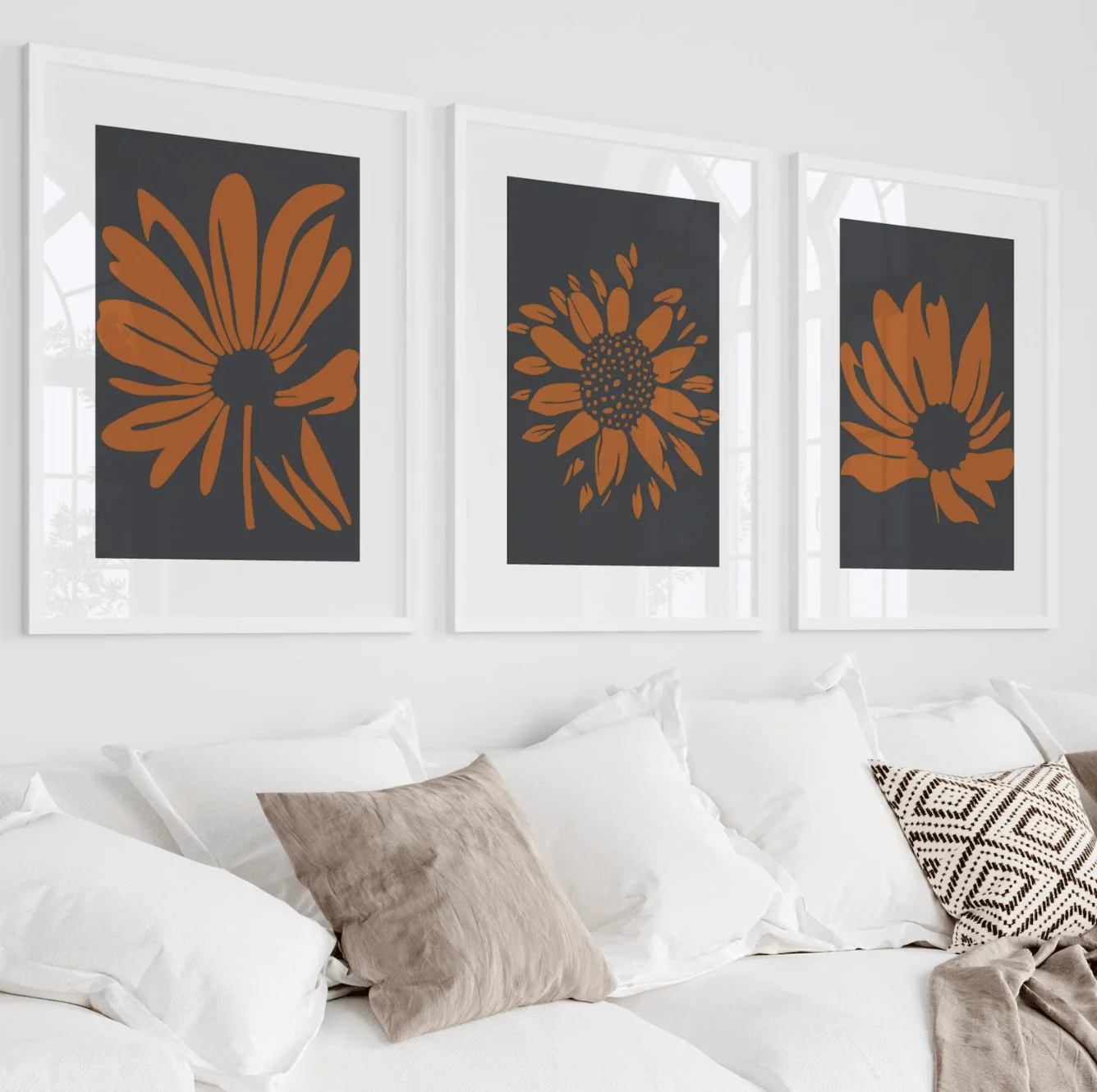 Boho Floral 3 Panels Wall Art Canvas Prints, Terracotta Daisy Posters, Earth Tone Decor for Living Room Bedroom Decor
