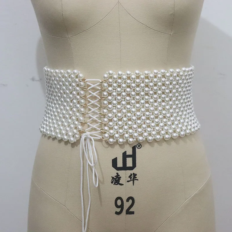 Trendy Pearl Waist Chain Women Fashion Rhinestone Elastic Dress Waistband Ladies Designer Thin Waist Belts Clothing Accessories