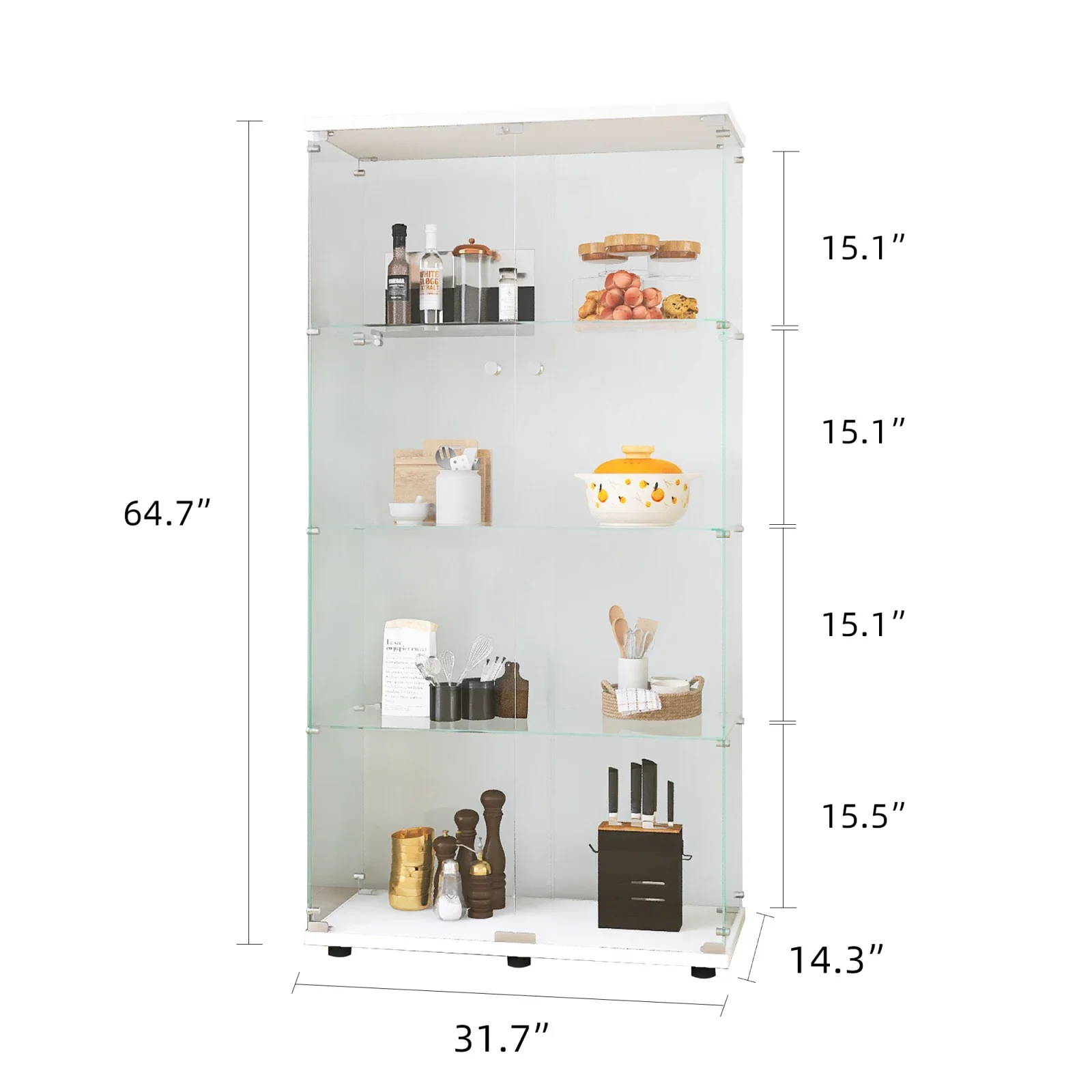 Fangange glazen vitrinekast in wit, moderne glazen houten vitrinekast met 4 planken voor verzamelobjecten, boeken, wijn