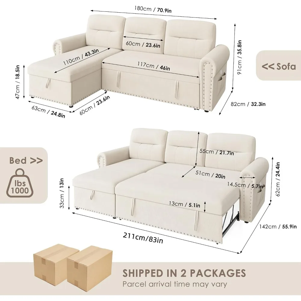 Sleeper Sofa Bed 83'' Pull Out Couch with Reversible Storage Chaise Nailhead Armrest Beige Velvet
