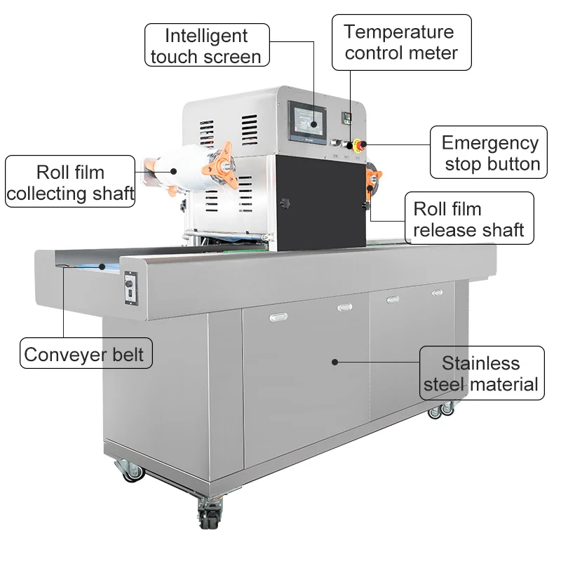 Full Automatic Tabletop Plastic Continues Tray Sealing Machine with Conveyor Electric Modified Atmosphere Heat Sealing Machine