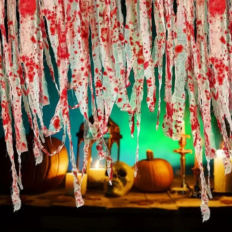 5pcs Halloween Blood Cloth Strip Isolation Belt Gauze Blood Cloth Strip Warning Belt Warning Belt Scene Decoration Props
