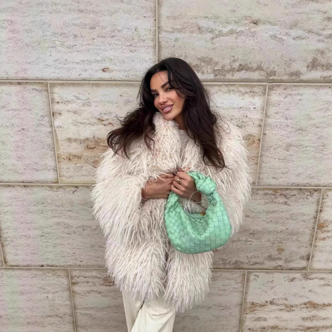 2025, nieuwe winterdikte, warme turn-down grote kraag, volledige mouwen, nepbontjas, vrouwelijke parka zonder knop