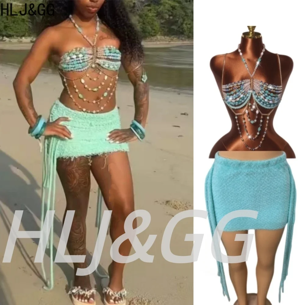 

HLJ&GG Sexy Rhinestone Beads Halter Hollow Two Piece Sets Women Sleeveless Crop Top And Tassel Mini Skirts Outfit Y2K Streetwear