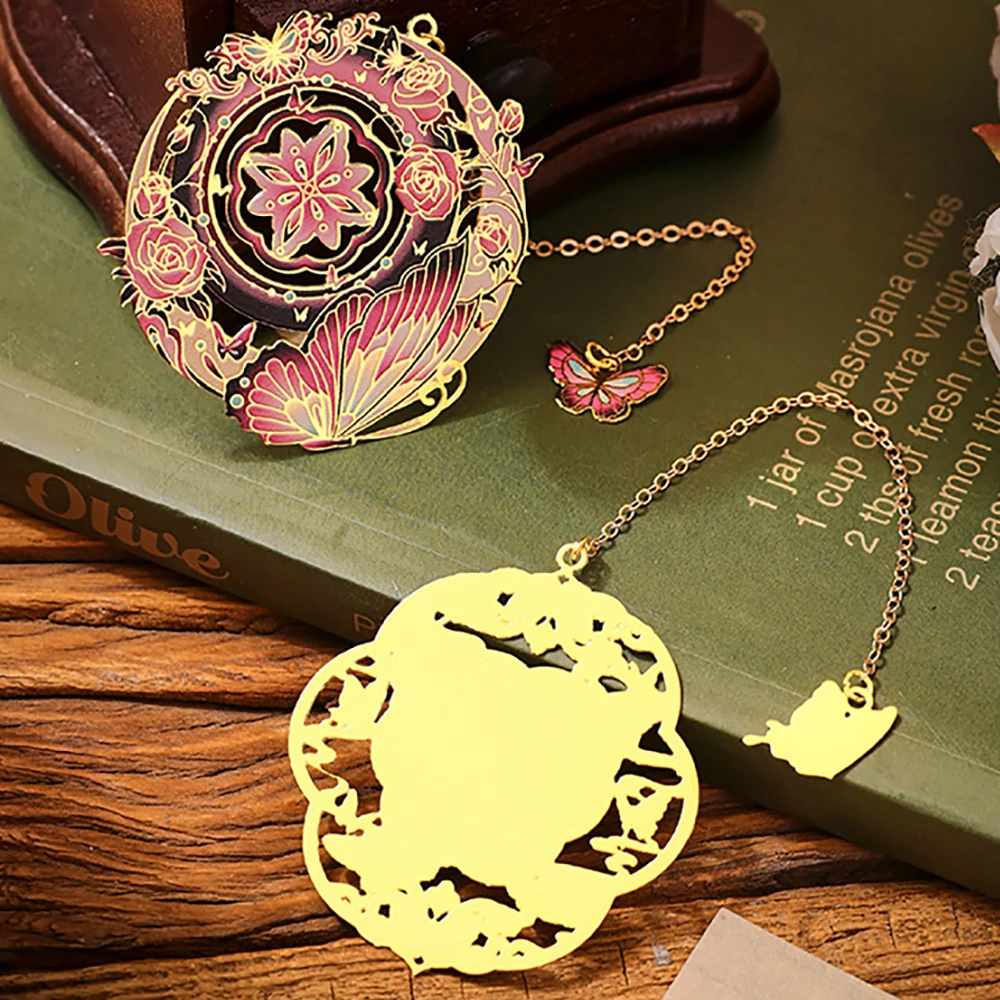 Bronzing Butterfly Metal Book Colorful Clip Bookmark With Chain Heart Sun Floral Bookmark Reading Student School Office Supplies view 5