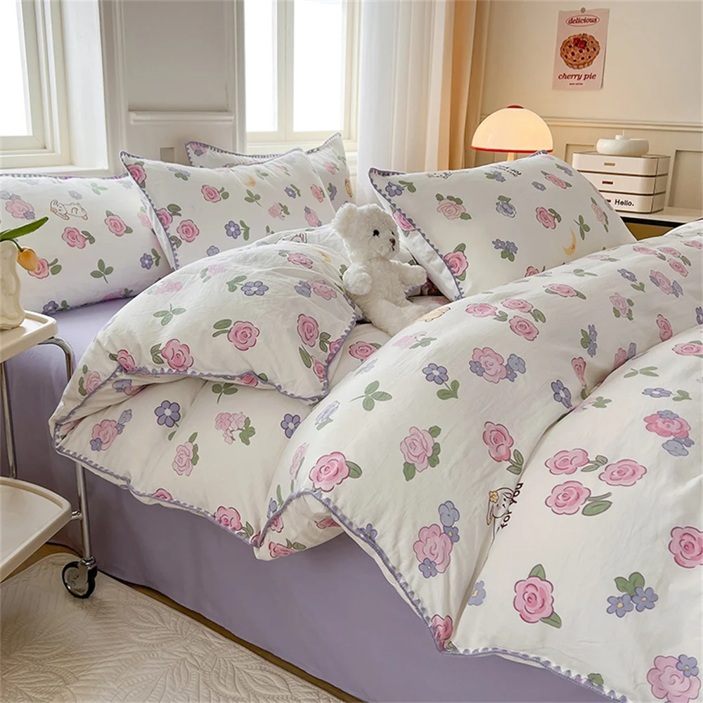 4pcs Bedding Set Washed Cotton Bedspread Rose Bed Sheet Pillowcase for Adults and Kids Microfiber Duvet Cover Set