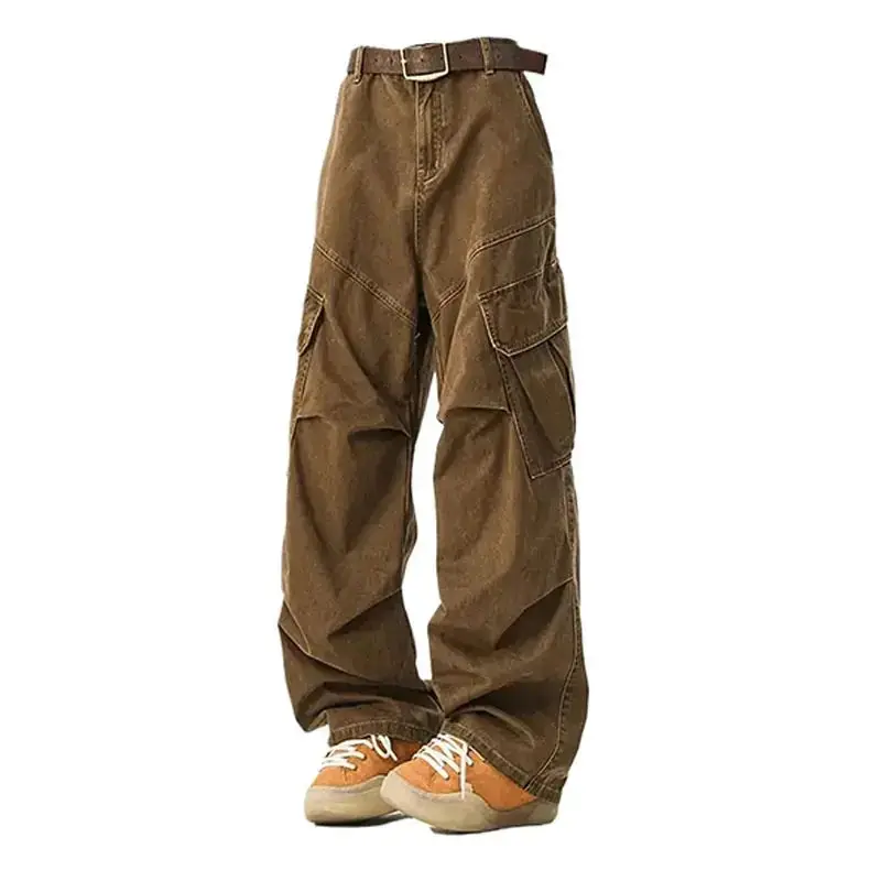 American Retro Waed Multi-ket Casual Pants Men's Street Faion Loose Straight Wide Leg Pleated Workwear Long Trousers