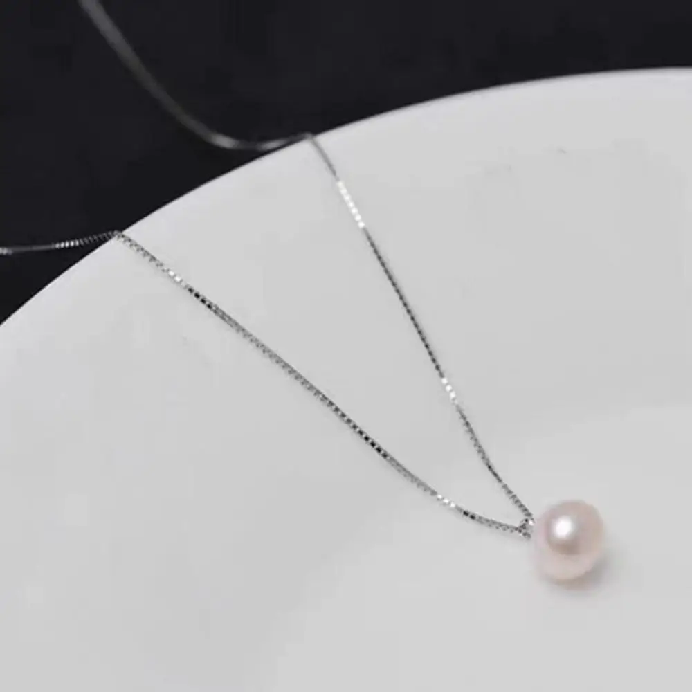 1 Pcs Sterling Silver Pearl Necklace Simple Style Round Pendant Birthday Party Gift Fashion Jewelry For Women