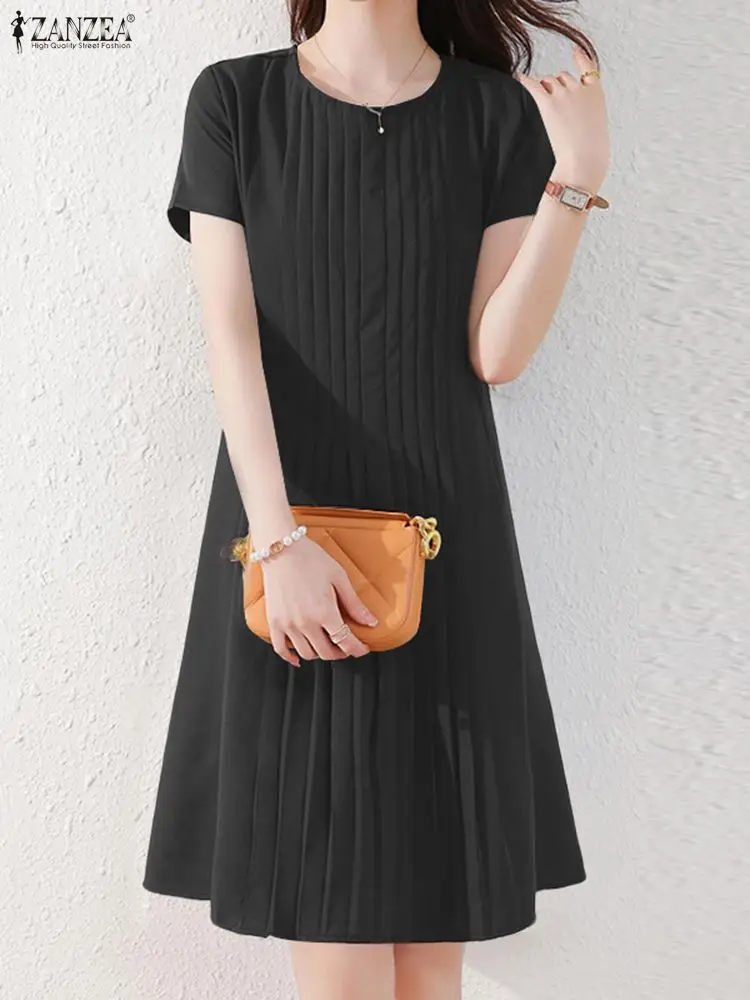 2025 ZANZEA vestido de verano para mujer, bata de manga corta hasta la rodilla, vestido elegante liso de corte A OL, vestido veraniego de trabajo, vestidos elegantes de oficina para mujer