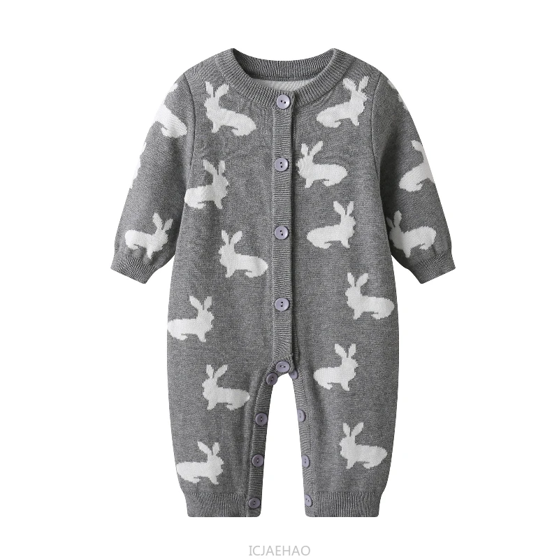 2025 New Winter Clothes Baby Knit Romper Costume Children Grey Cotton Rabbit Jacquard Jumpsuit Kids Infant Crawling Outfit