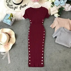 Knop Elegante Dames Jurken 2023 Nieuwe Zomer Gebreide Kantoor Jurk Goede Kwaliteit Vrouwen Knielengte Bodycon Jurk vestido
