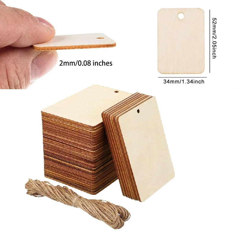 25/50/Pcs Unfinished Wood Pieces Blank Wooden Rectangle with Holes Wood Tags Bookmark Hemp Rope for DIY Craft Christmas Hanging