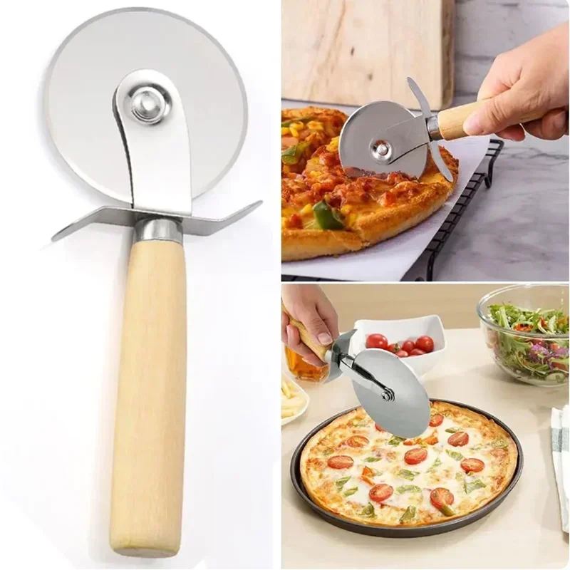 Stainless Steel Pizza Cutter Wooden Handle Pastry Dough Cutter Baking Supplies Cutting Wheel Slicer Kitchen Accessories Shovel
