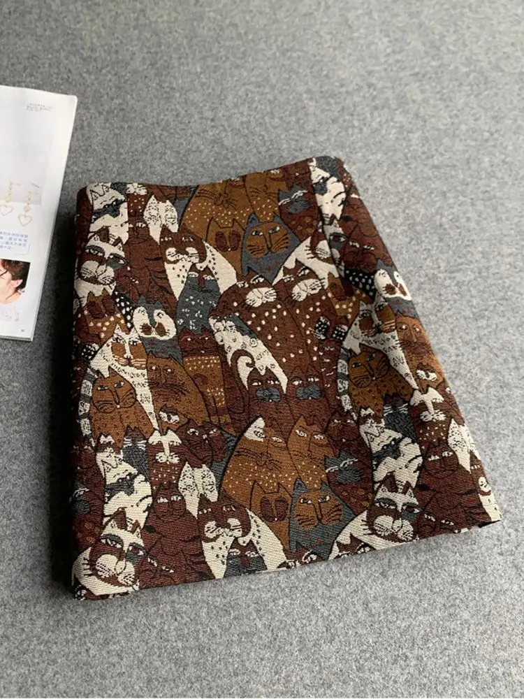Cartoon Cute Cat Half Skirt High Waist Jacquard Non Elastic A-line Slim Fit Short Skirt Spring Autumn New Women's Short Skirt