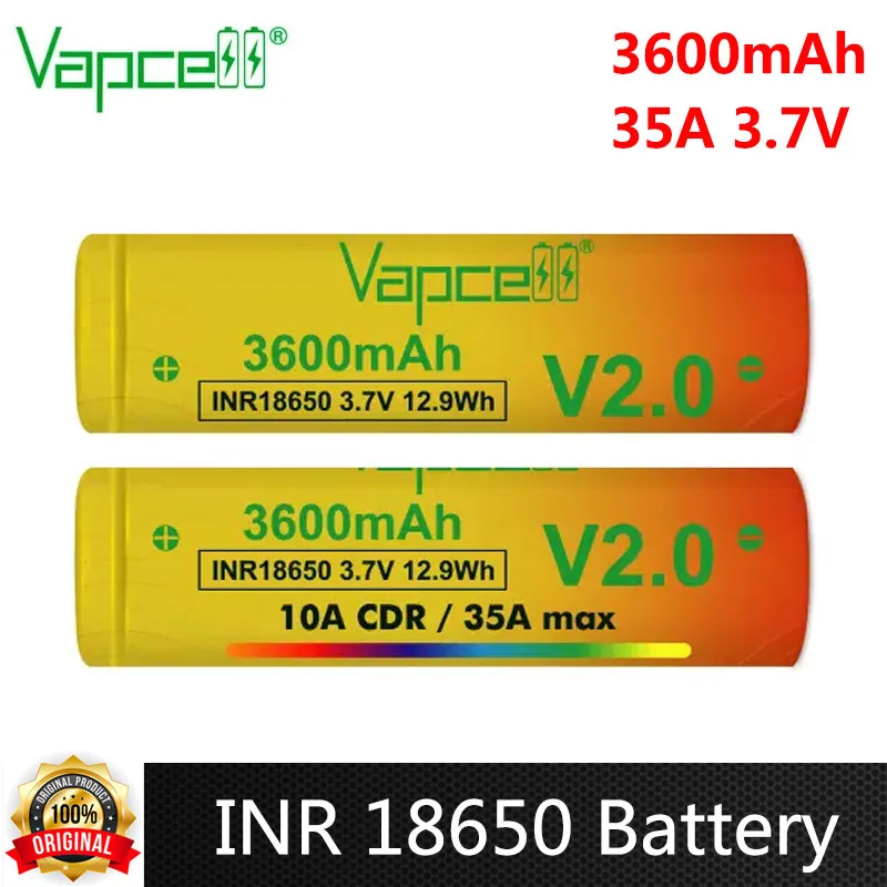 Original Vapcell INR 18650 Battery V2.0 3600mAh CDR 10A Max 35A 3.7V High Power Rechargeable Li-ion Battery For Flashlight Toys