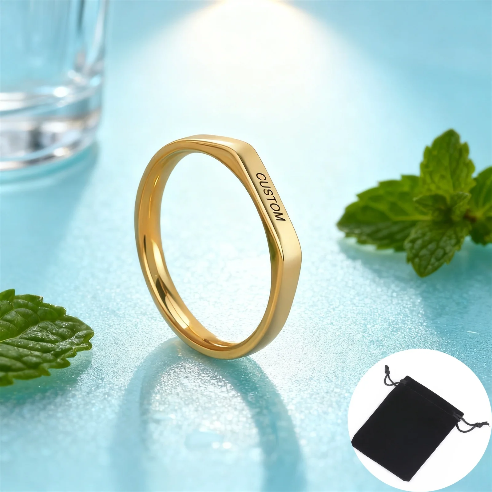 Customized Date Name Ring Stainless Steel Simple Flat Ring Personalized Customized Name Couple Ring Lover Gift